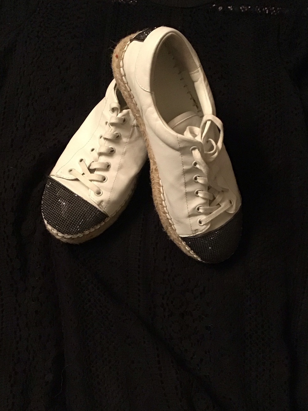 White leather espadrille sneakers with black crystal toe/back embellishments